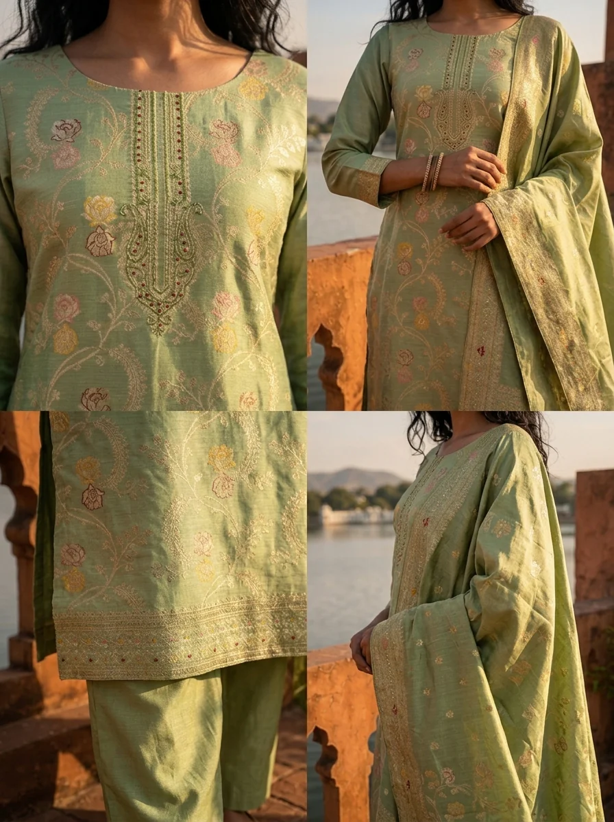 Sea Green Banaras Silk Scrolling Creeper Pattern Weaved Three Piece Set - Image 5