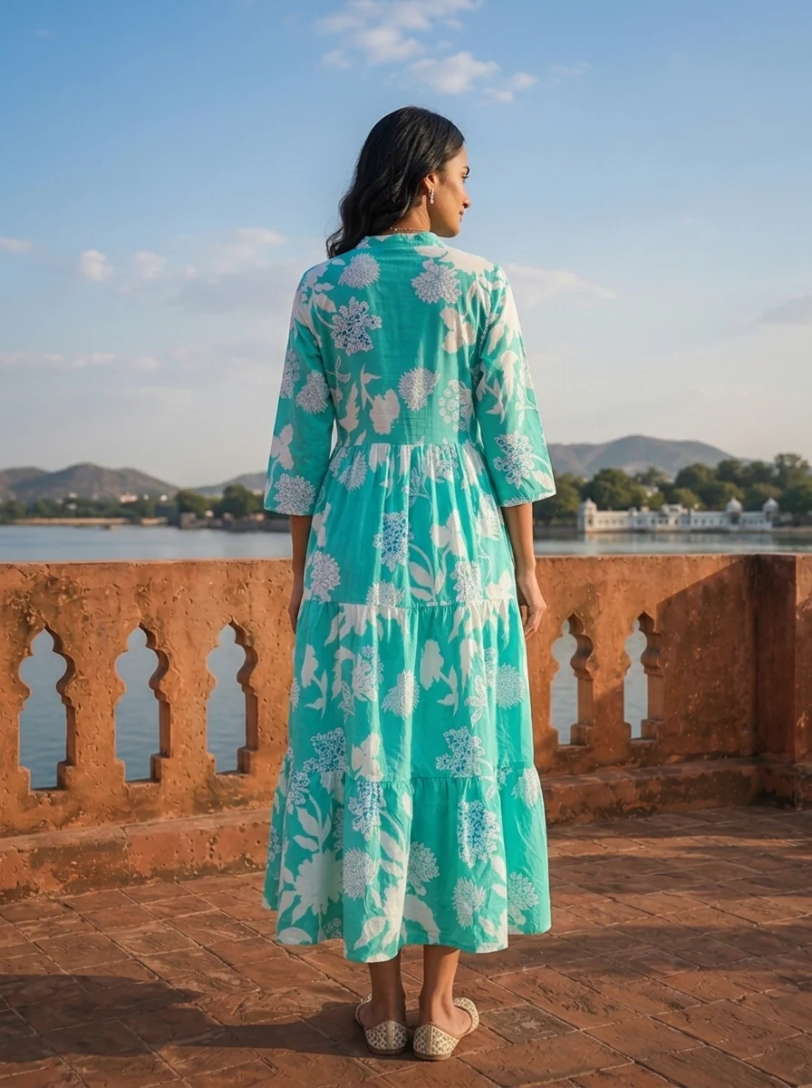 Sea Green Cotton Botanical Printed Flared Dress - Image 2