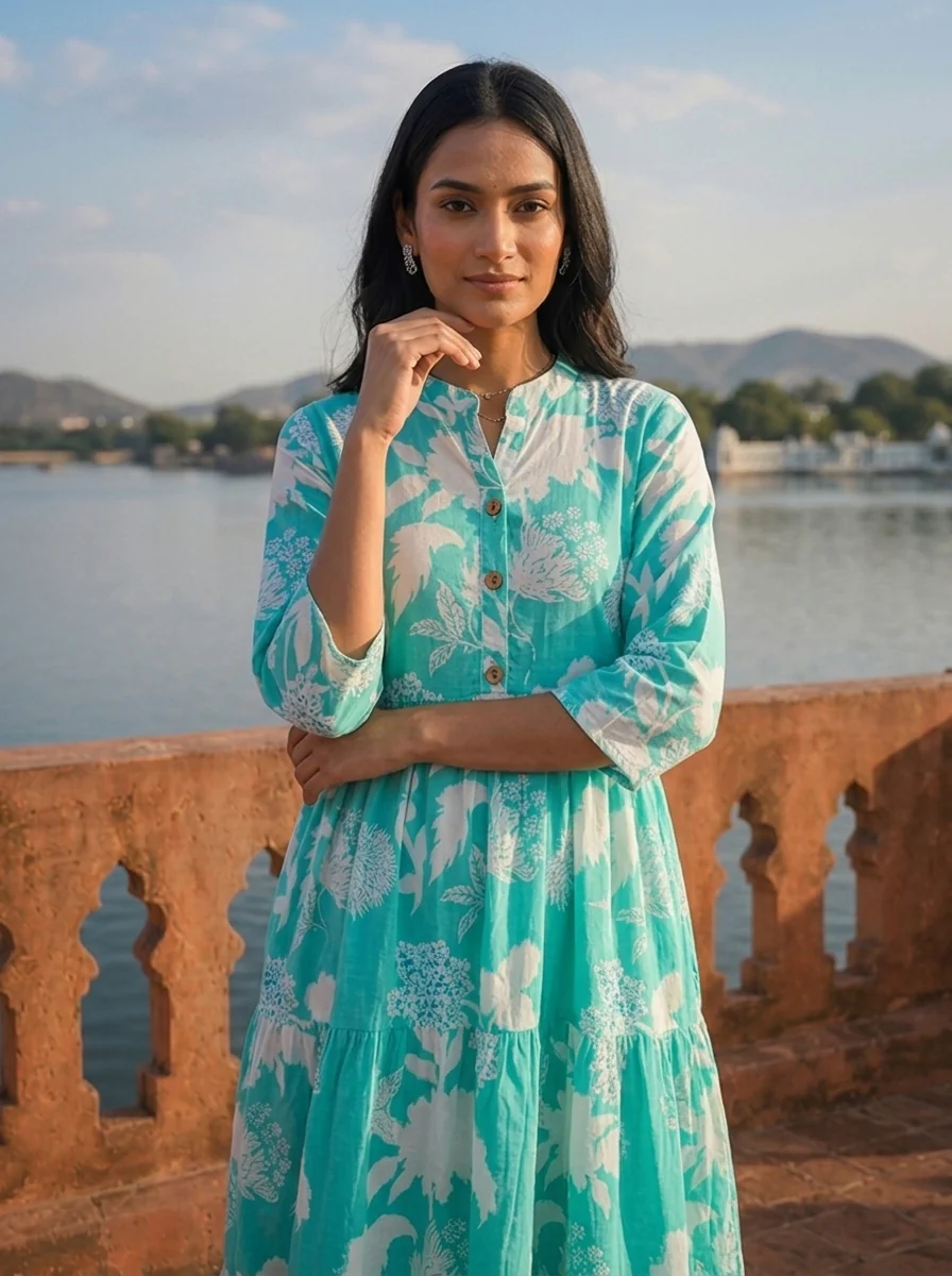Sea Green Cotton Botanical Printed Flared Dress - Image 4