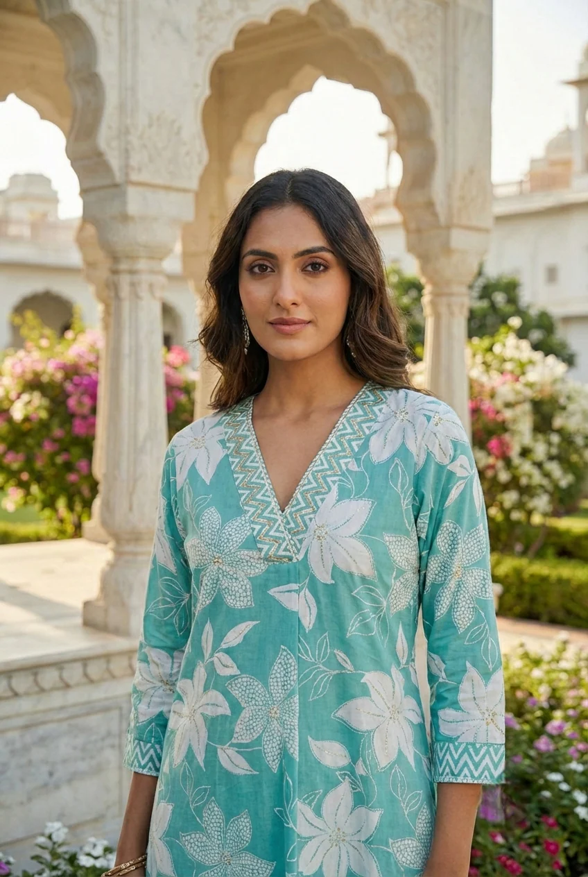 Sea Green Cotton Floral Printed Two Piece Set - Image 3