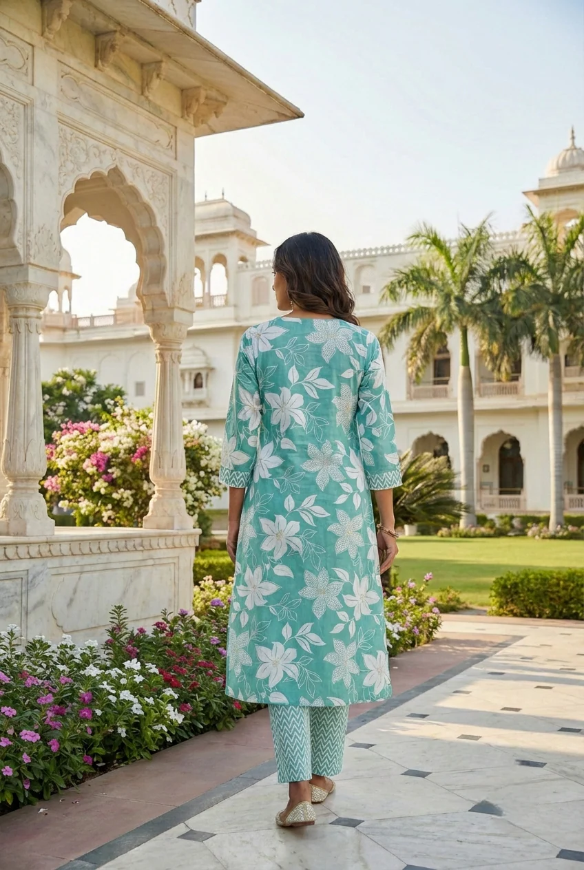 Sea Green Cotton Floral Printed Two Piece Set - Image 4