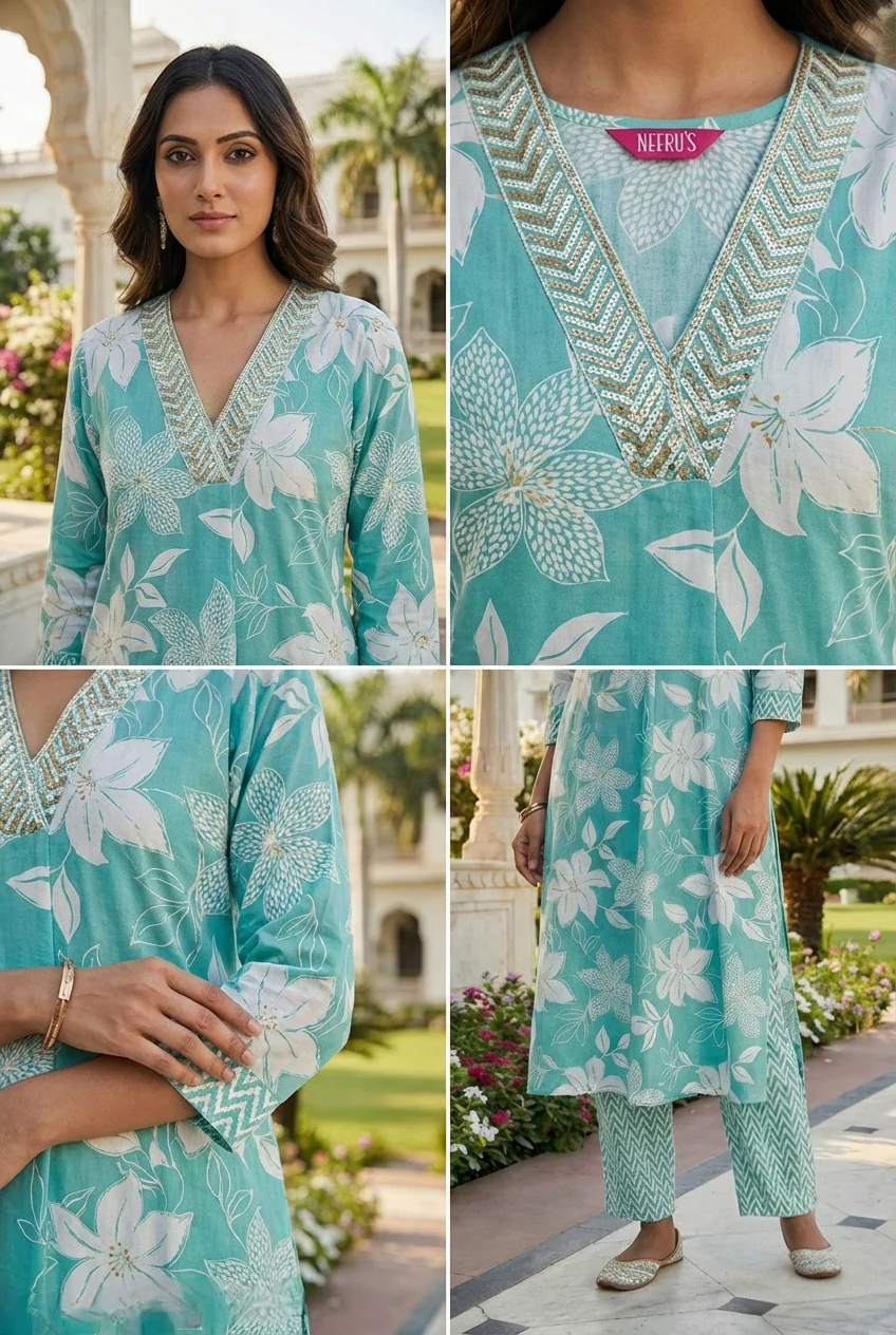 Sea Green Cotton Floral Printed Two Piece Set - Image 5