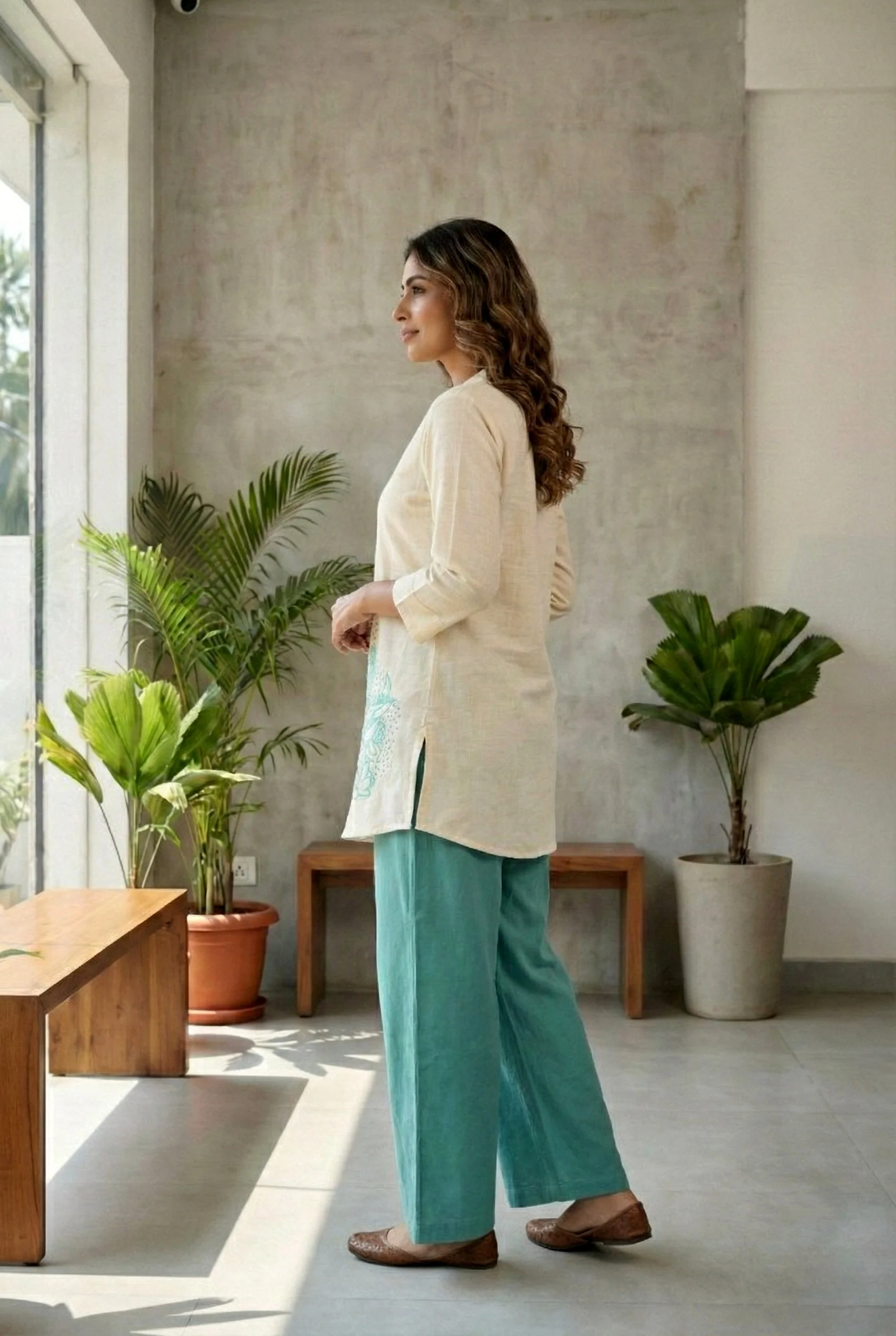 Sea Green Cotton Floral Thread Embroidery Two Piece Set - Image 2