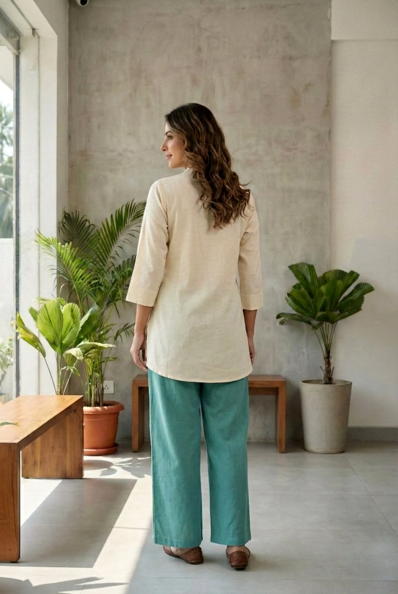 Sea Green Cotton Floral Thread Embroidery Two Piece Set - Image 3
