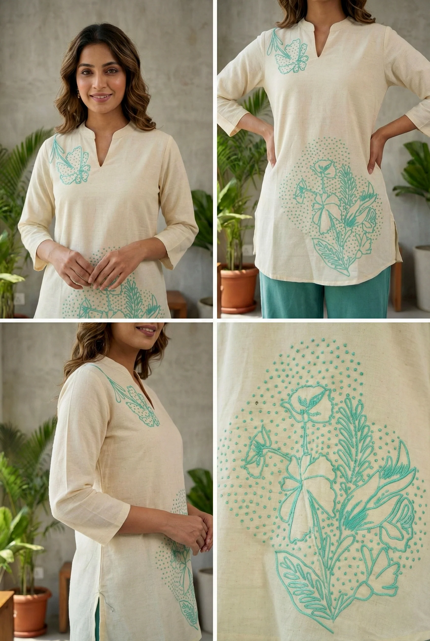 Sea Green Cotton Floral Thread Embroidery Two Piece Set - Image 4