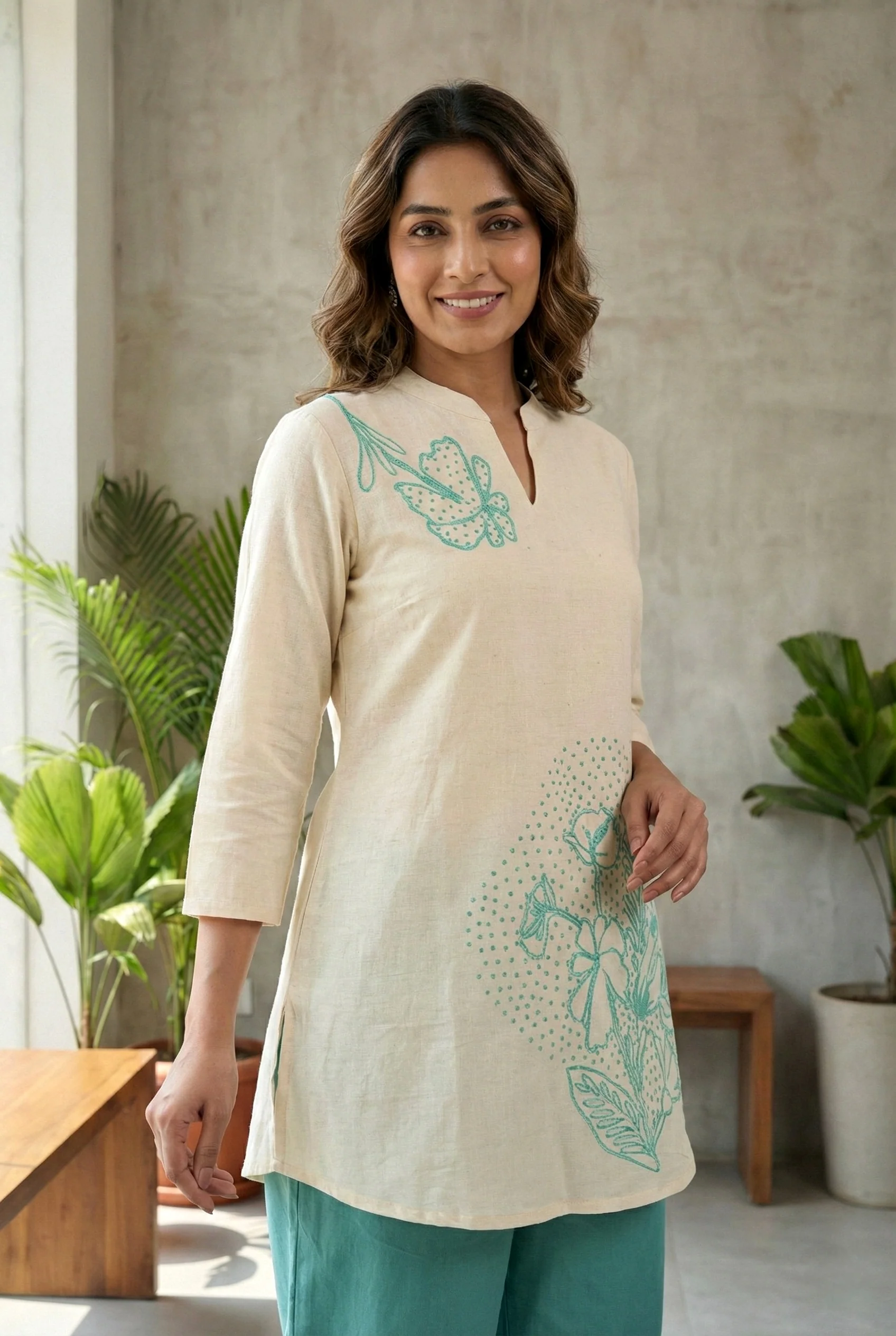 Sea Green Cotton Floral Thread Embroidery Two Piece Set - Image 5