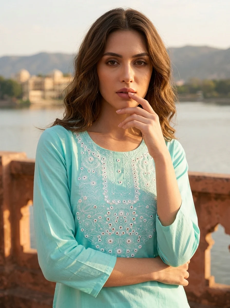 Sea Green Cotton Foil Mirror Thread Embroidered Kurta - Image 2