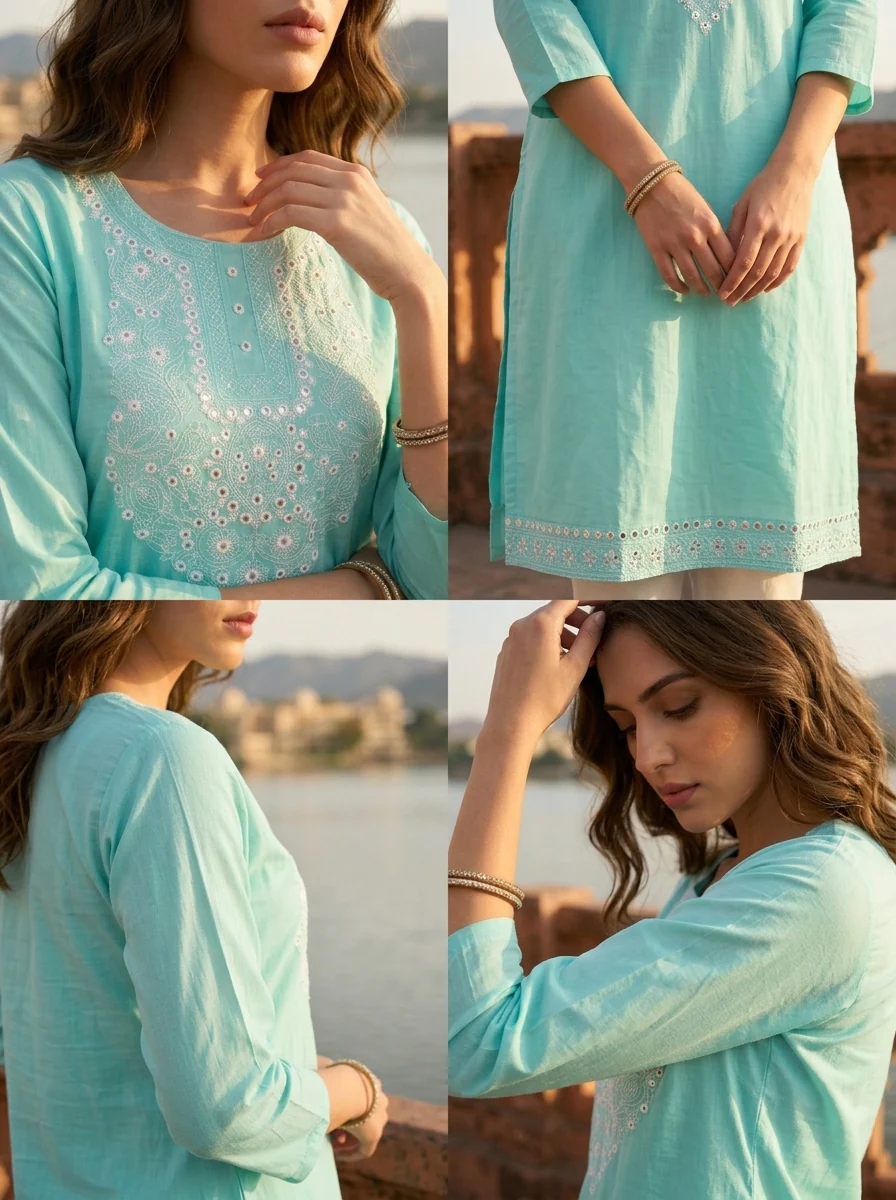 Sea Green Cotton Foil Mirror Thread Embroidered Kurta - Image 5
