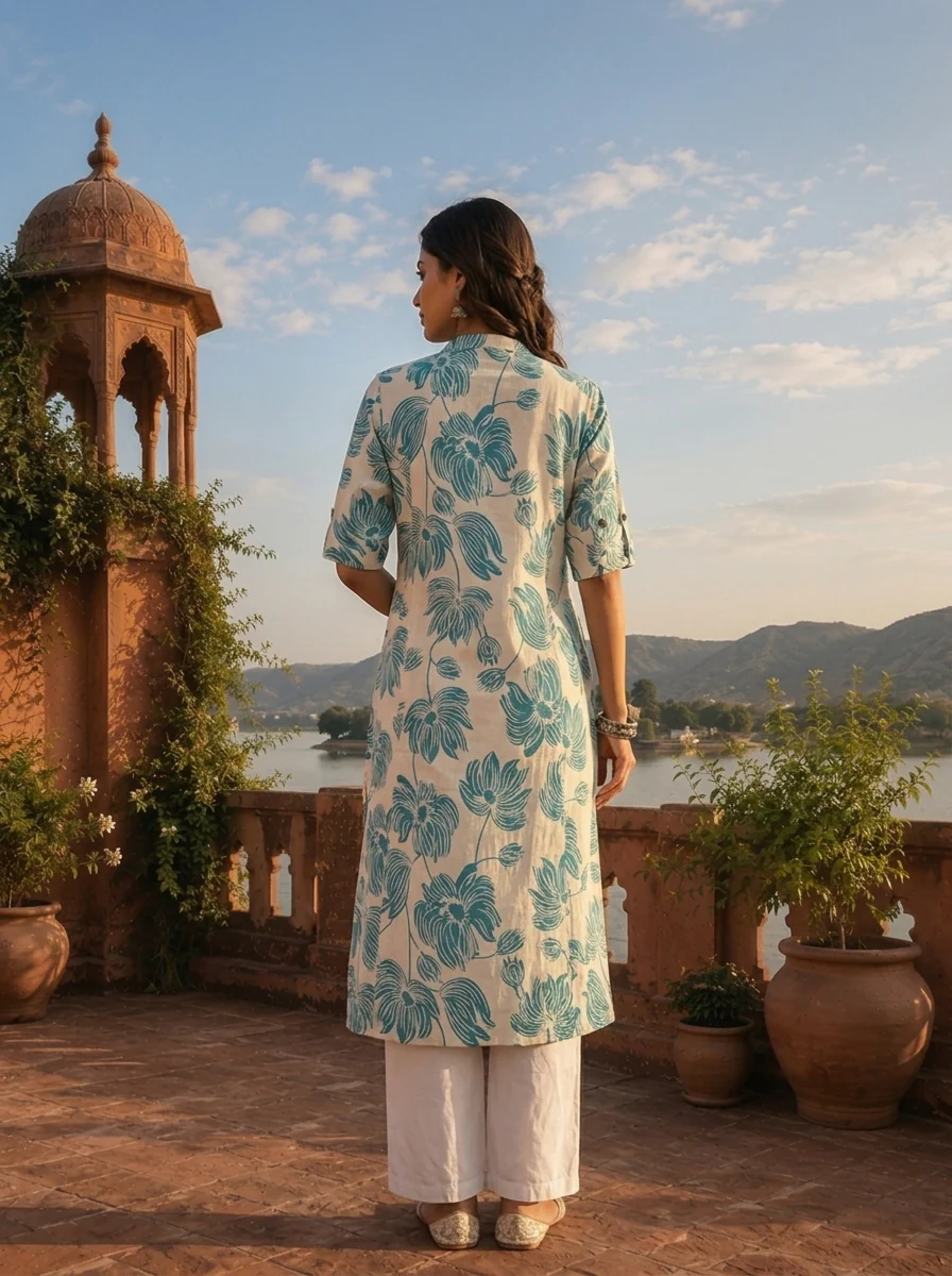 Sea Green Cotton Lotus And Floral Motifs Printed Kurta - Image 2