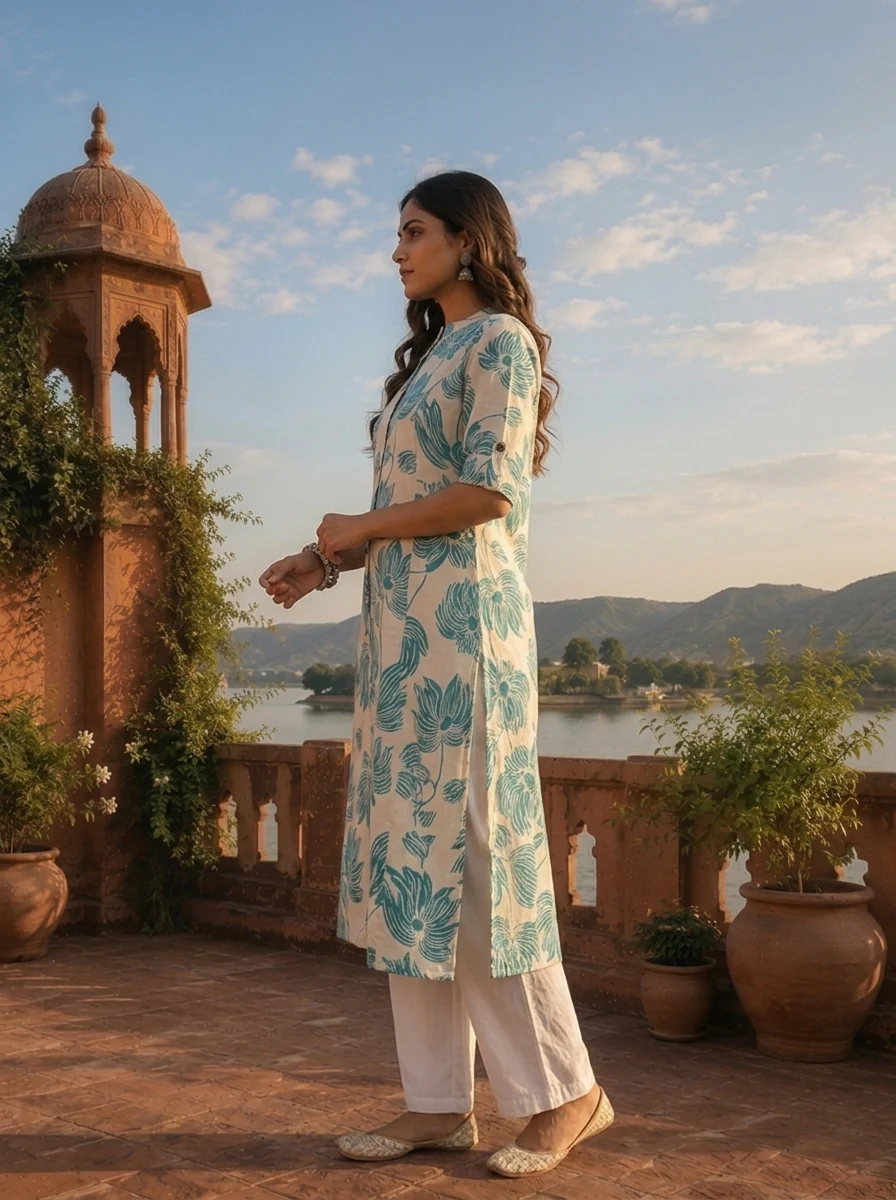 Sea Green Cotton Lotus And Floral Motifs Printed Kurta - Image 3