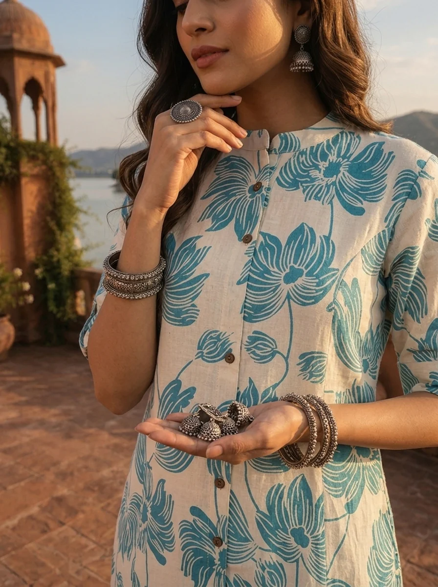 Sea Green Cotton Lotus And Floral Motifs Printed Kurta - Image 4