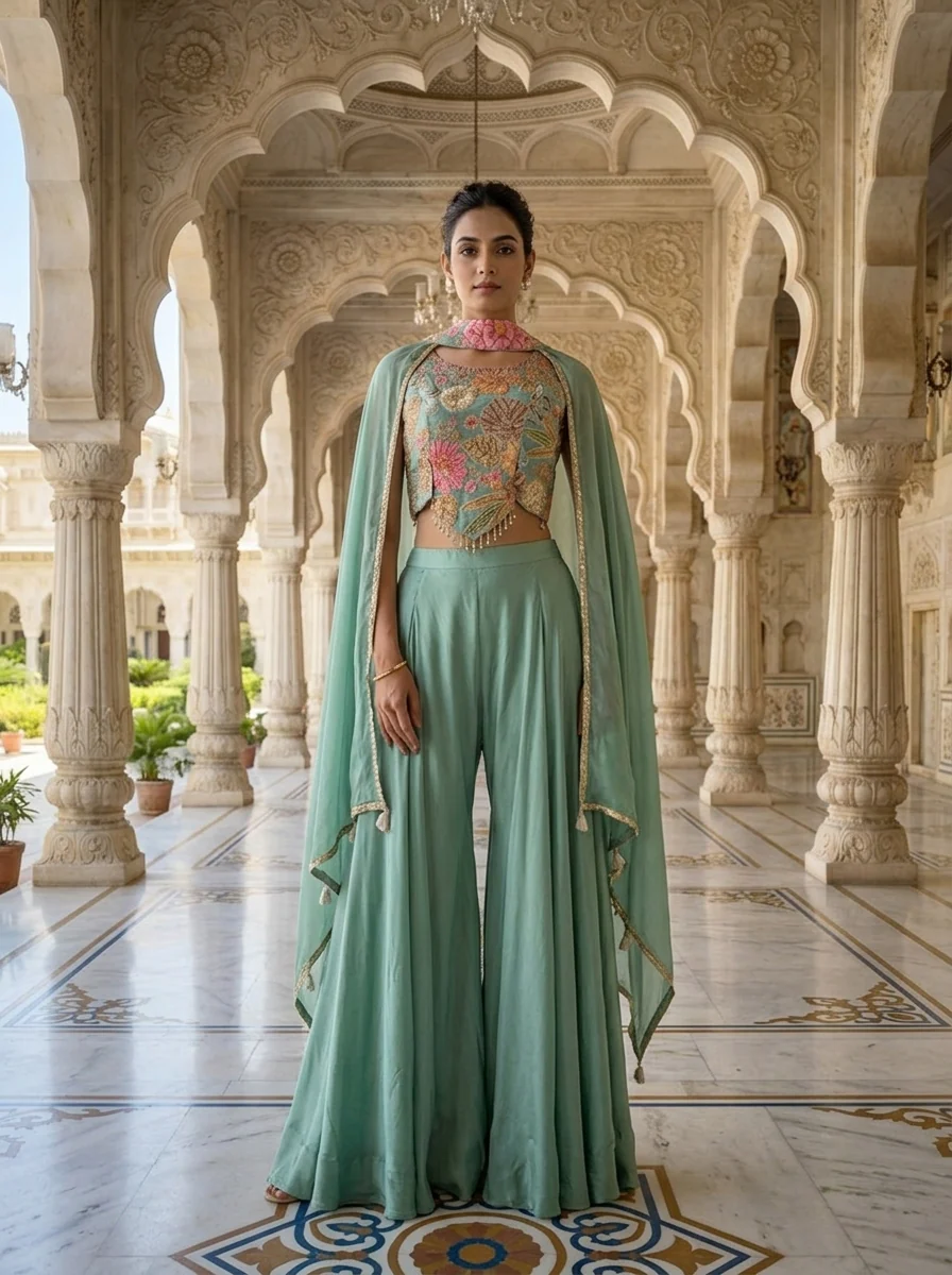 Sea Green Crepe Floral Printed And Sequins Embroidered Top And Palazzo Set