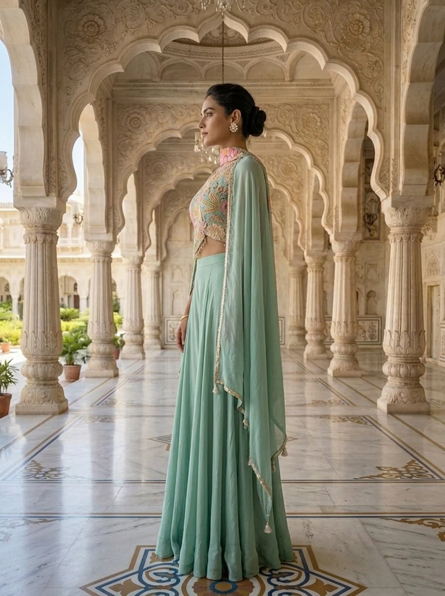 Sea Green Crepe Floral Printed And Sequins Embroidered Top And Palazzo Set - Image 2