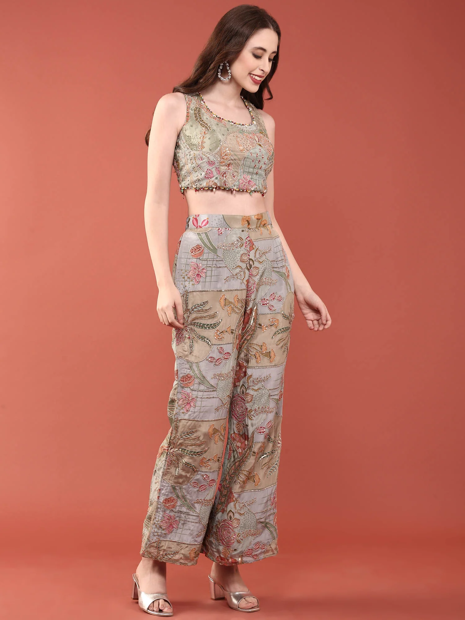 Sea Green Crepe Heavy Hand Embroidery Set With Jacket - Image 2