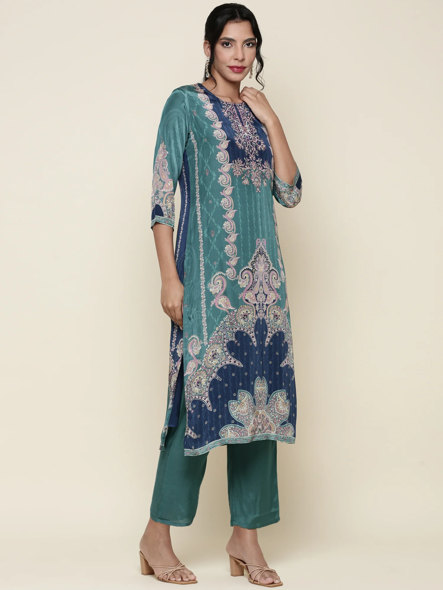 Sea Green Digital printed crepe Three piece suit set - Image 2