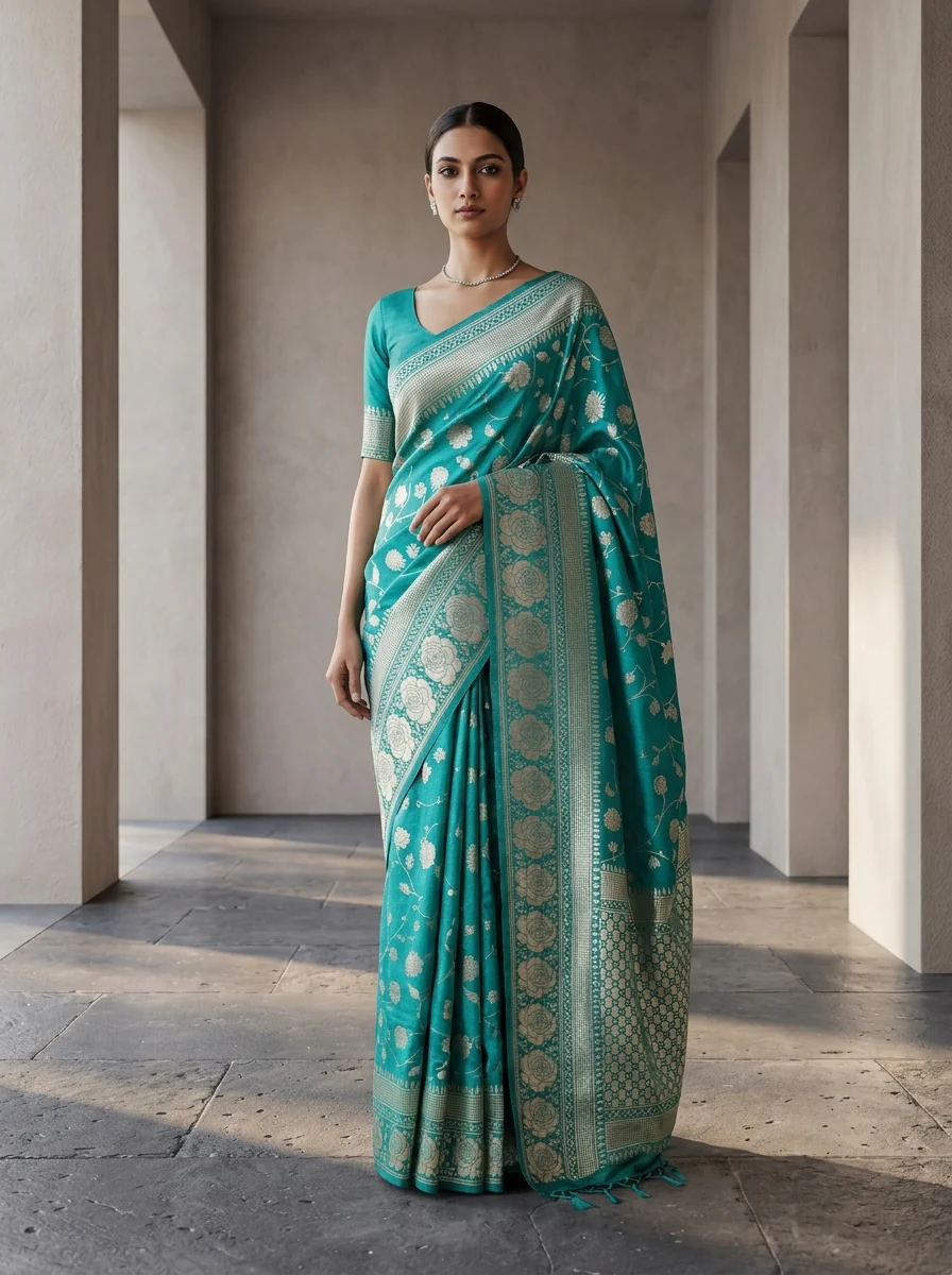 Sea Green Floral Design Weaved Silk Saree - Image 2