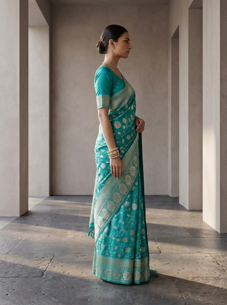 Sea Green Floral Design Weaved Silk Saree - Image 3