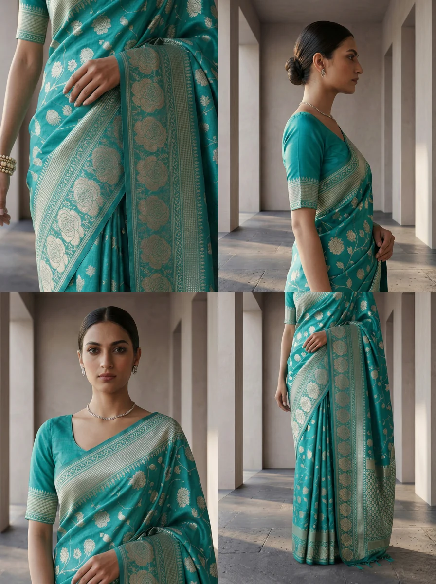 Sea Green Floral Design Weaved Silk Saree - Image 4
