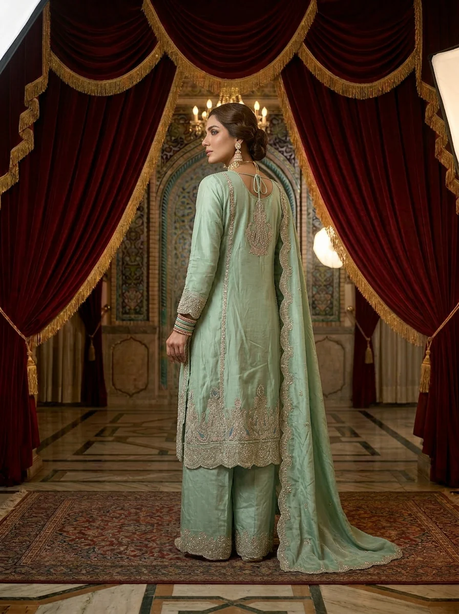 Sea Green Georgette Heavy Embroidery Palazzo Set With Dupatta - Image 2