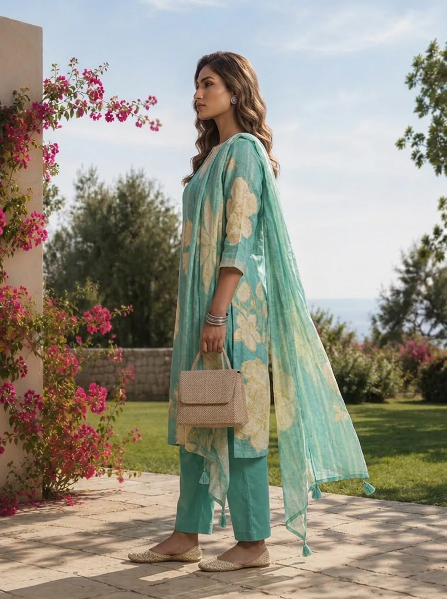Sea Green Hand Embroidered And Floral Digital Printed Linen Three Piece Set - Image 3