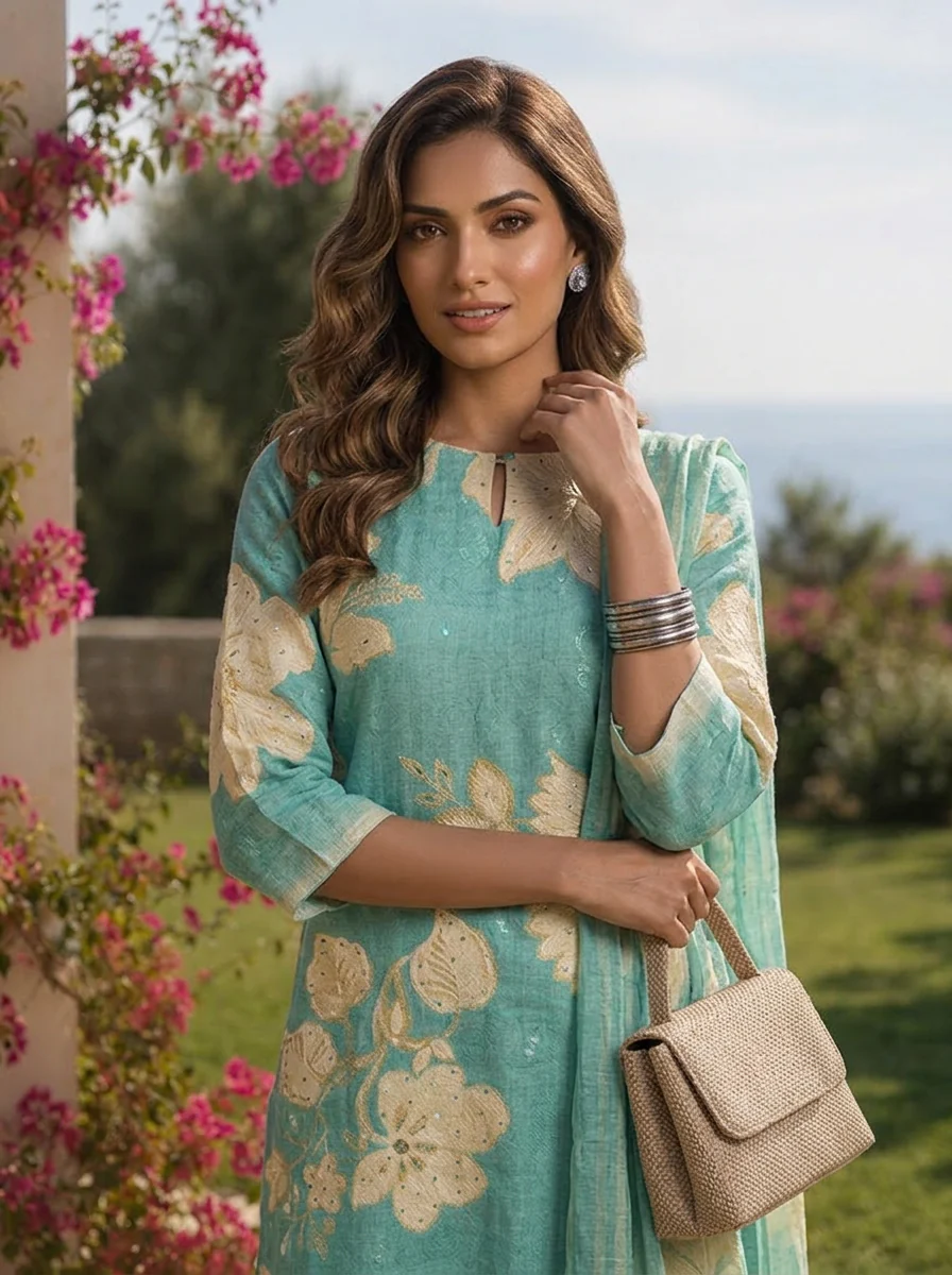 Sea Green Hand Embroidered And Floral Digital Printed Linen Three Piece Set - Image 4