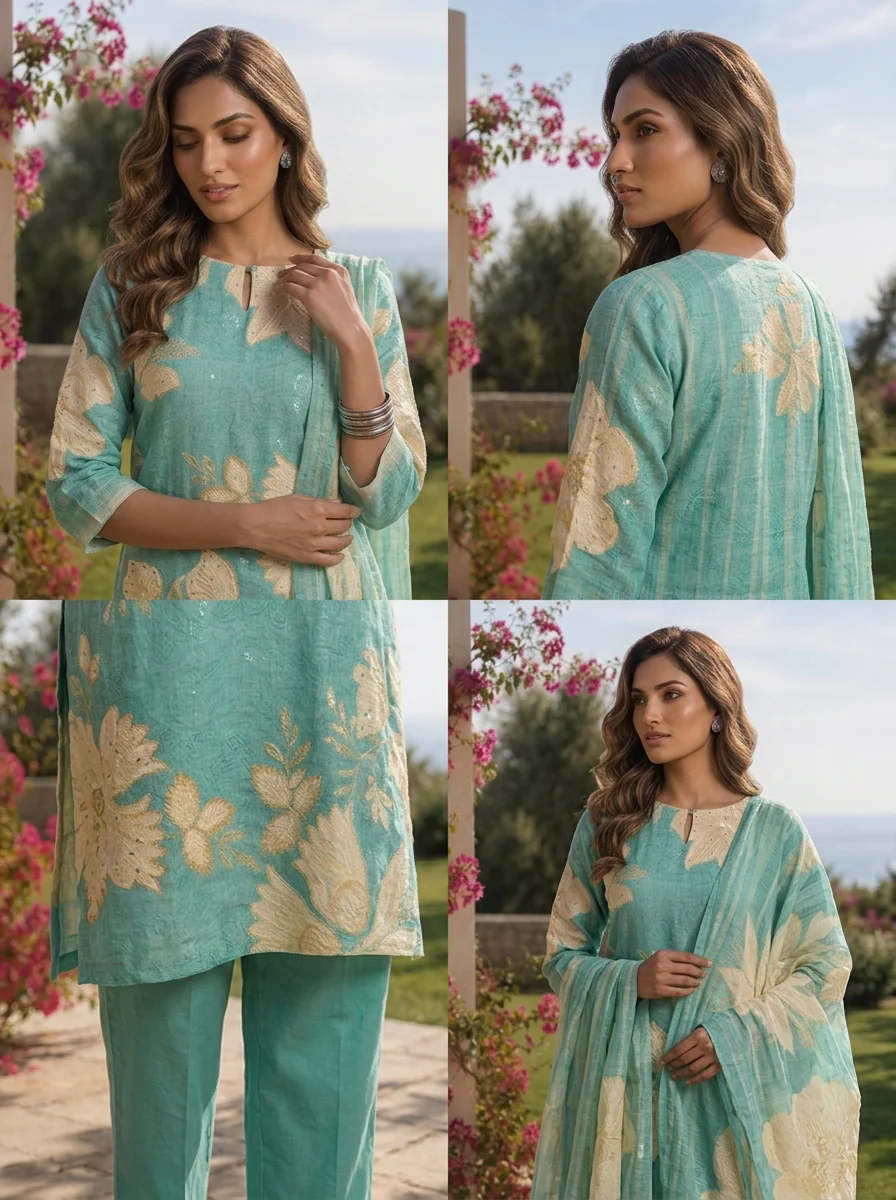 Sea Green Hand Embroidered And Floral Digital Printed Linen Three Piece Set - Image 5