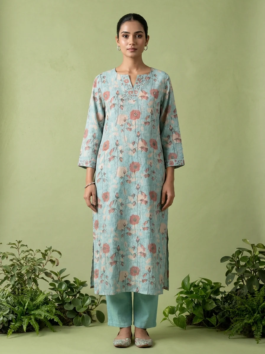 Sea Green Linen Mirror And Patch Embroidered Two Piece Set - Image 2