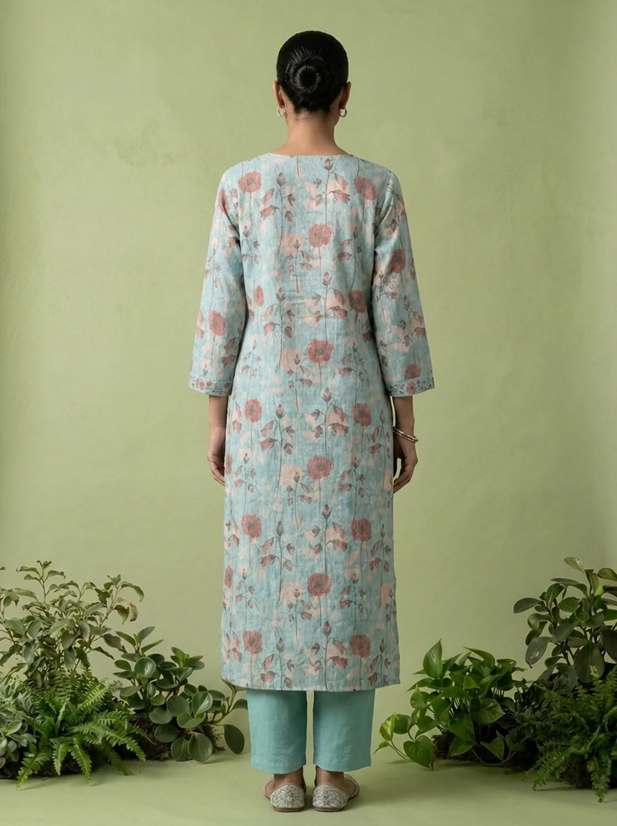 Sea Green Linen Mirror And Patch Embroidered Two Piece Set - Image 3