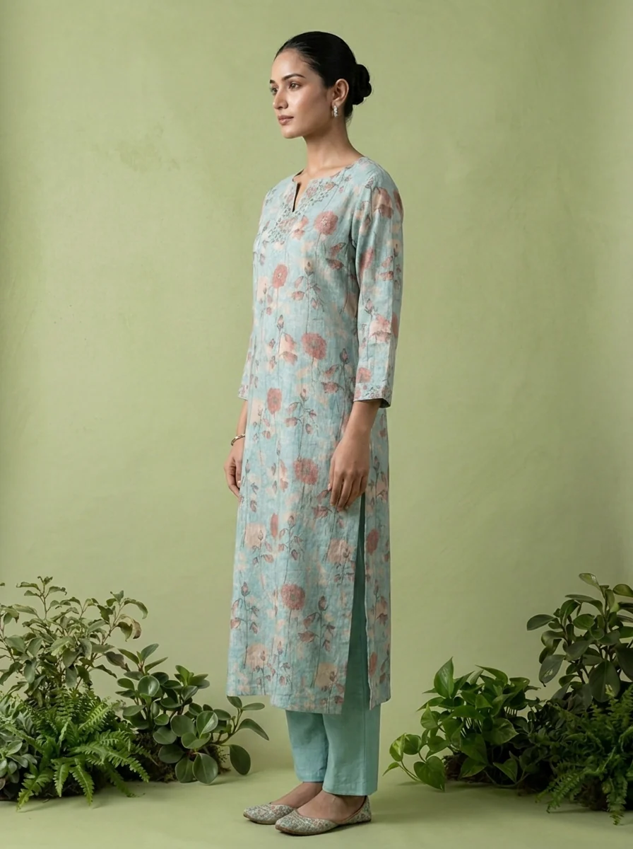 Sea Green Linen Mirror And Patch Embroidered Two Piece Set - Image 4