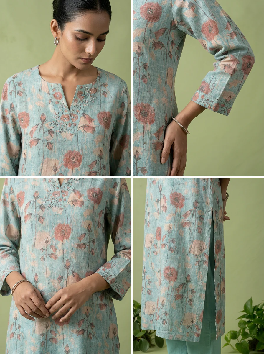 Sea Green Linen Mirror And Patch Embroidered Two Piece Set - Image 5