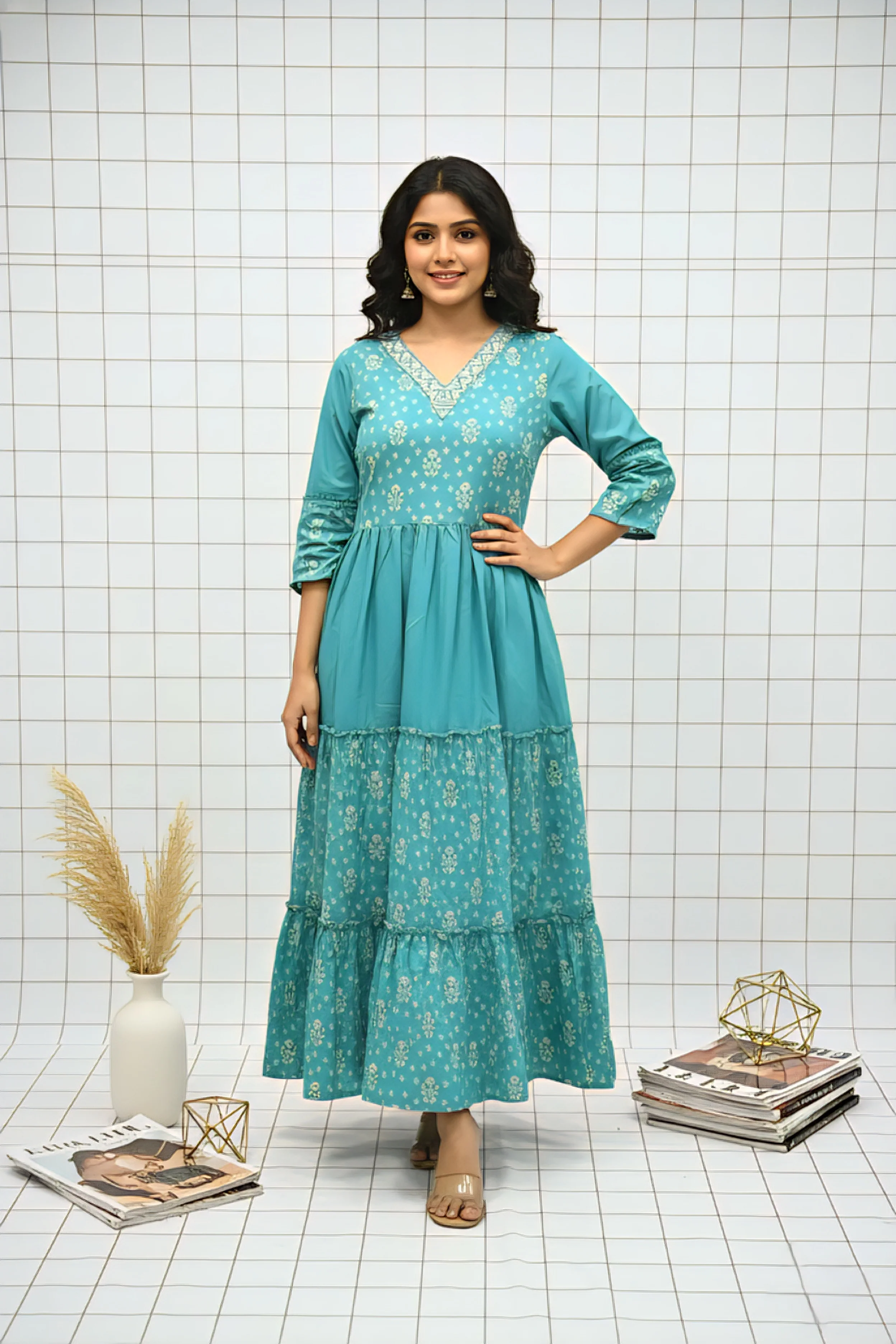 Sea Green Muslin Floral Printed Dress