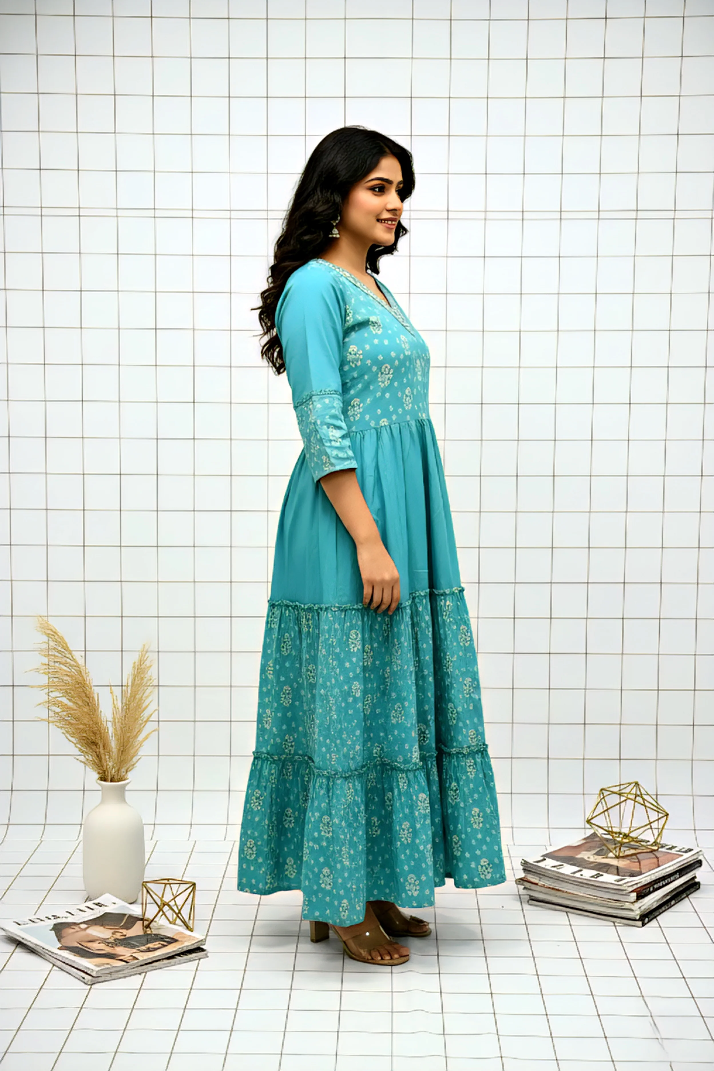 Sea Green Muslin Floral Printed Dress - Image 2