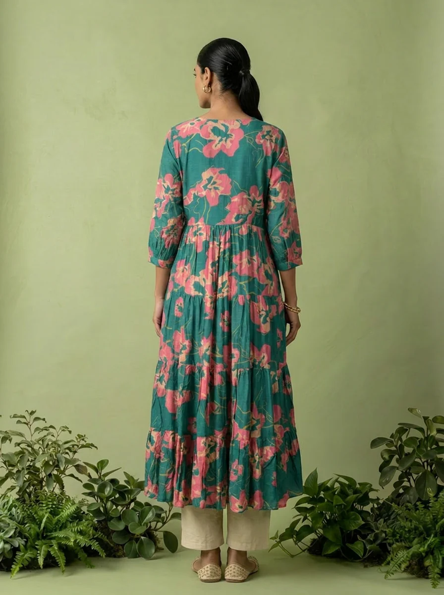 Sea Green Muslin Floral Printed Long Dress - Image 2