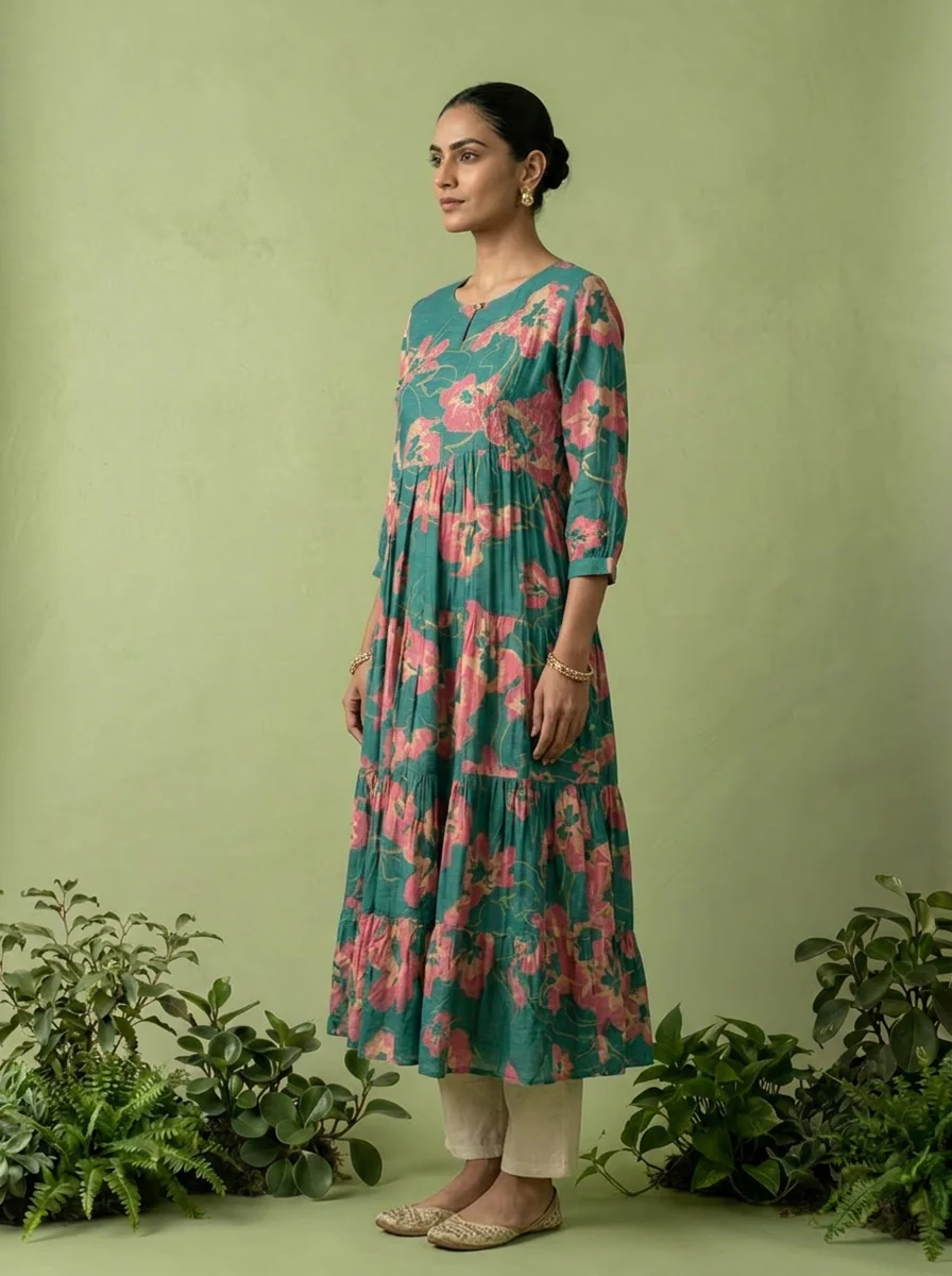 Sea Green Muslin Floral Printed Long Dress - Image 3