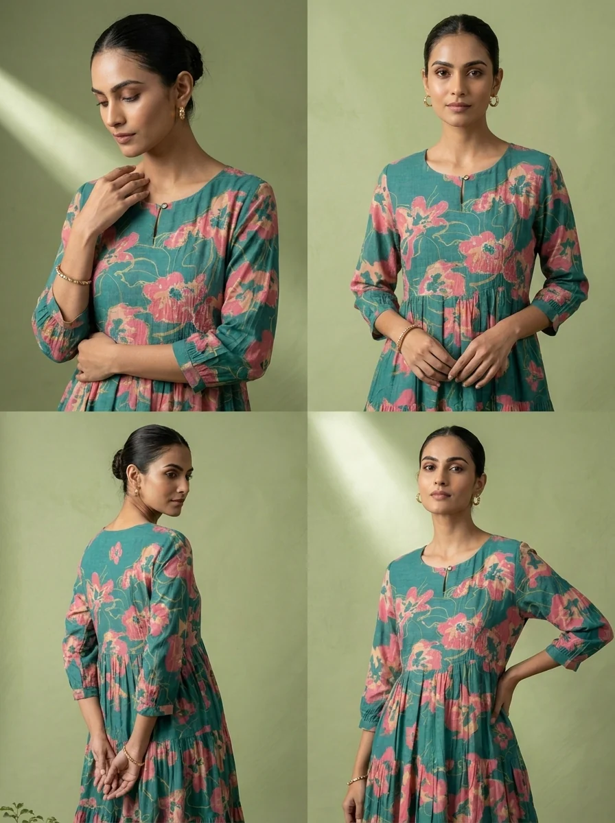 Sea Green Muslin Floral Printed Long Dress - Image 5