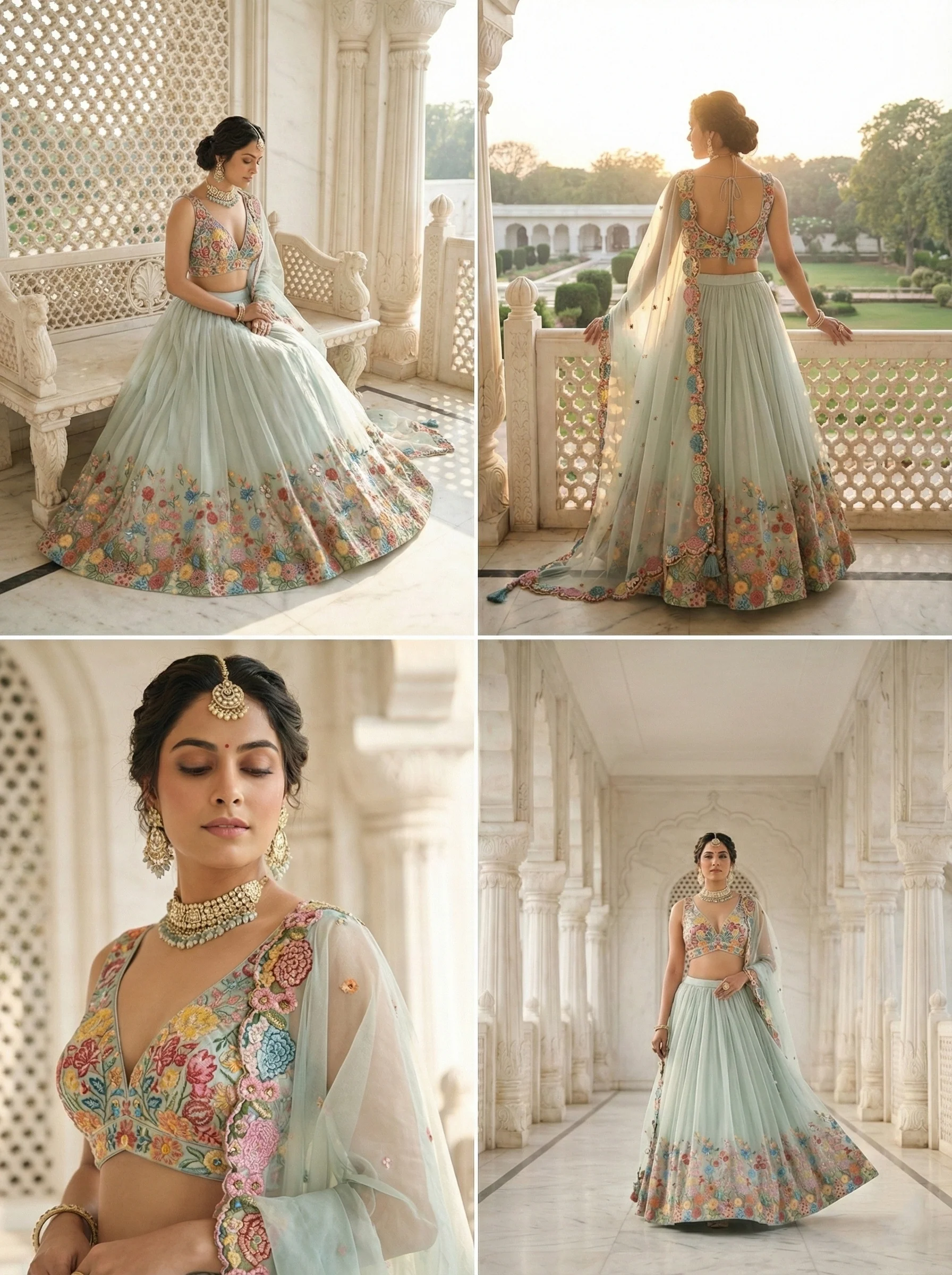 Sea Green Organza Floral Hand Embroidered Ghagra Set - Image 2