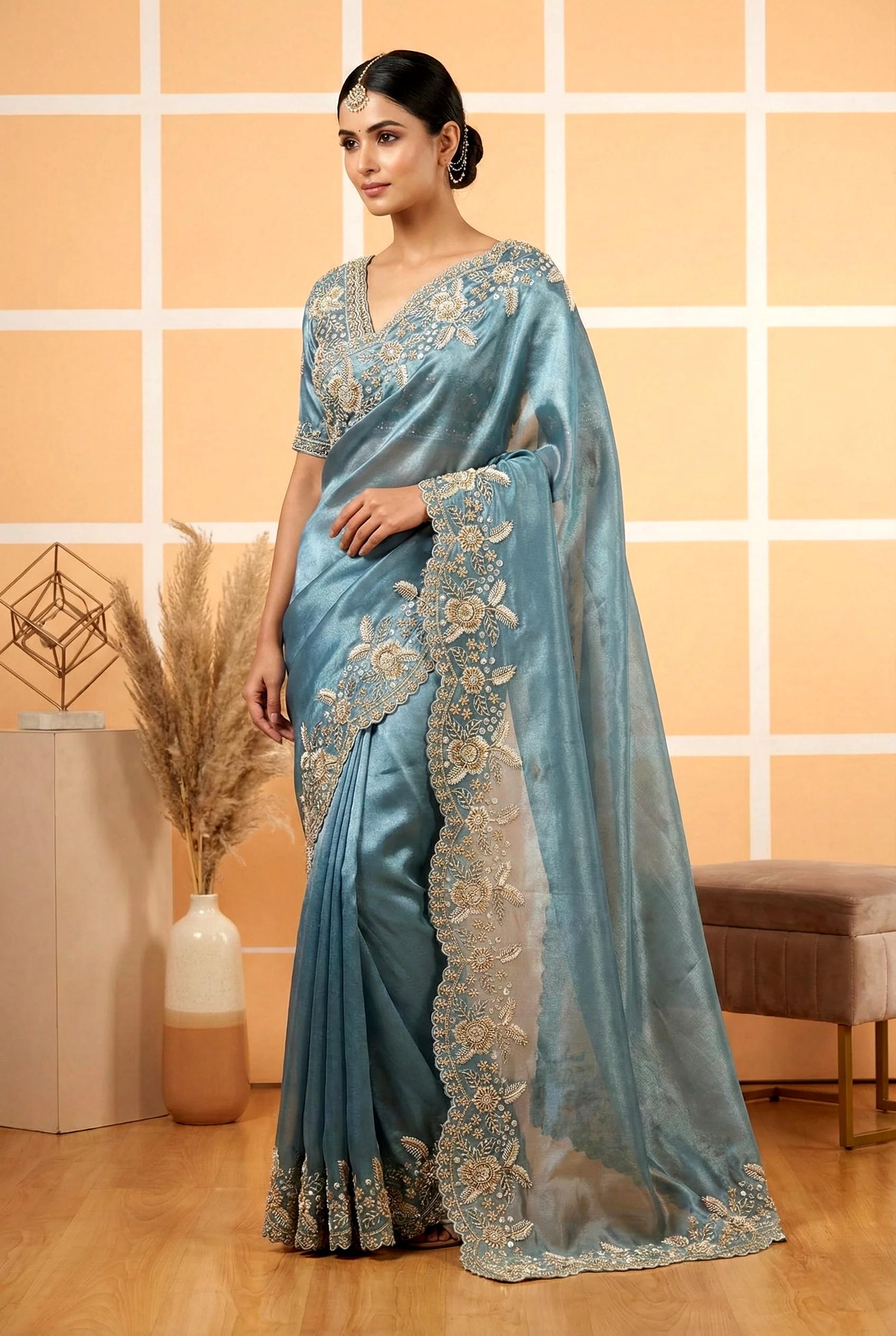 Sea Green Organza Heavy Zari Floral Embroidery Saree
