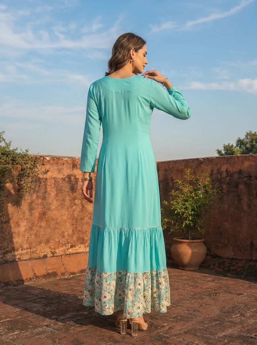 Sea Green Rayon Blossom Printed Dress - Image 2