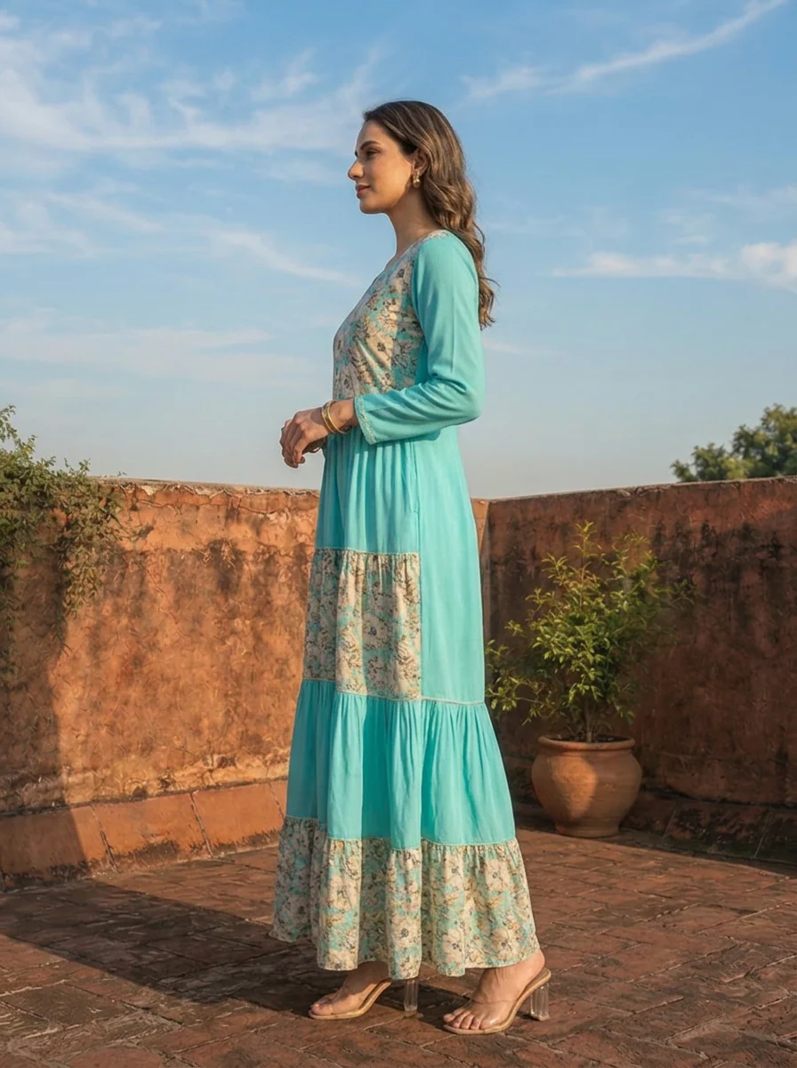 Sea Green Rayon Blossom Printed Dress - Image 3