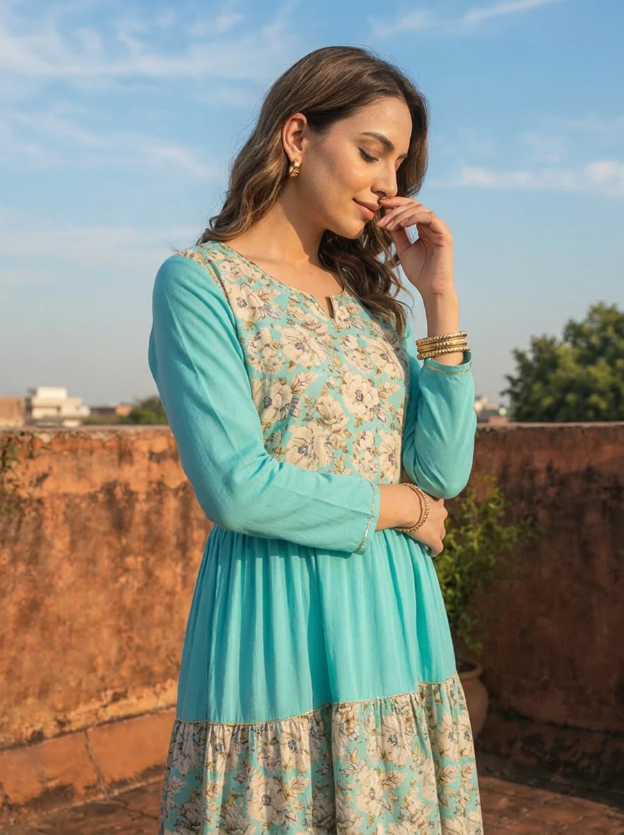 Sea Green Rayon Blossom Printed Dress - Image 4