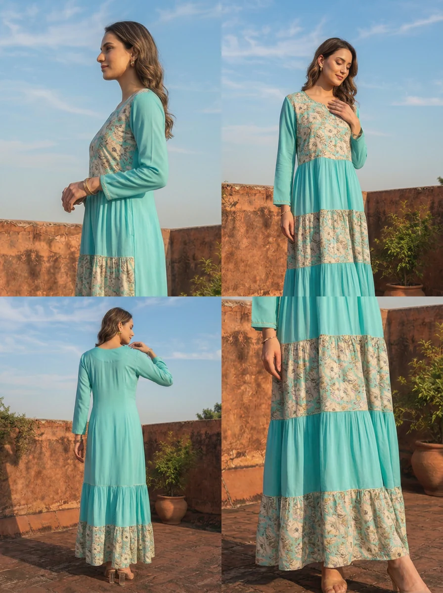 Sea Green Rayon Blossom Printed Dress - Image 5