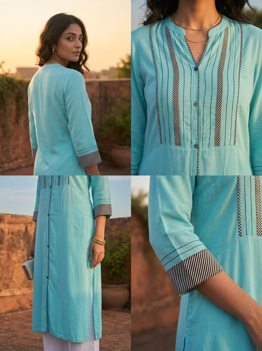 Sea Green Rayon Pintuck Striped Embroidered Kurta - Image 5