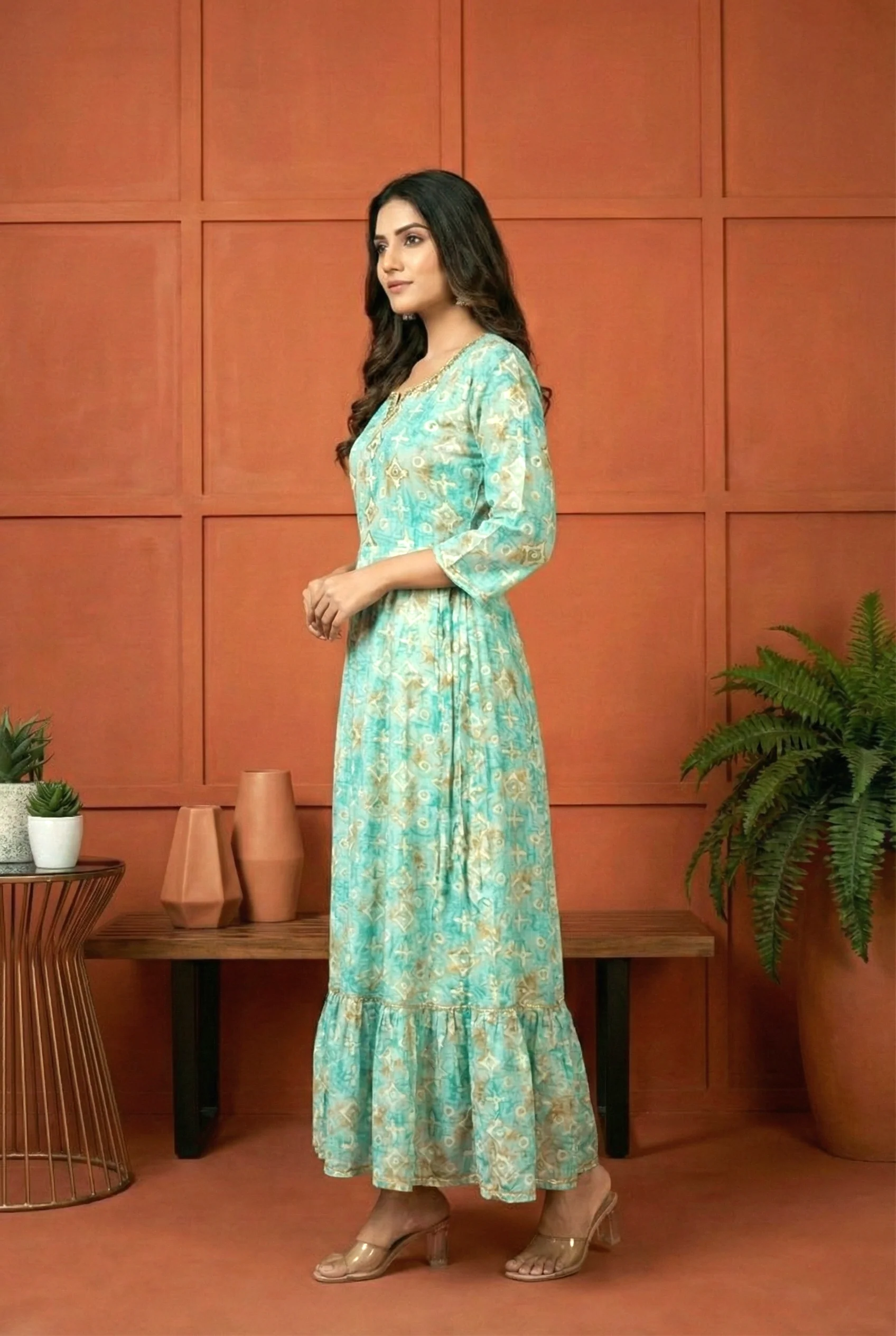 Sea Green Rayon Printed And Mirror Embroidery Dress - Image 2