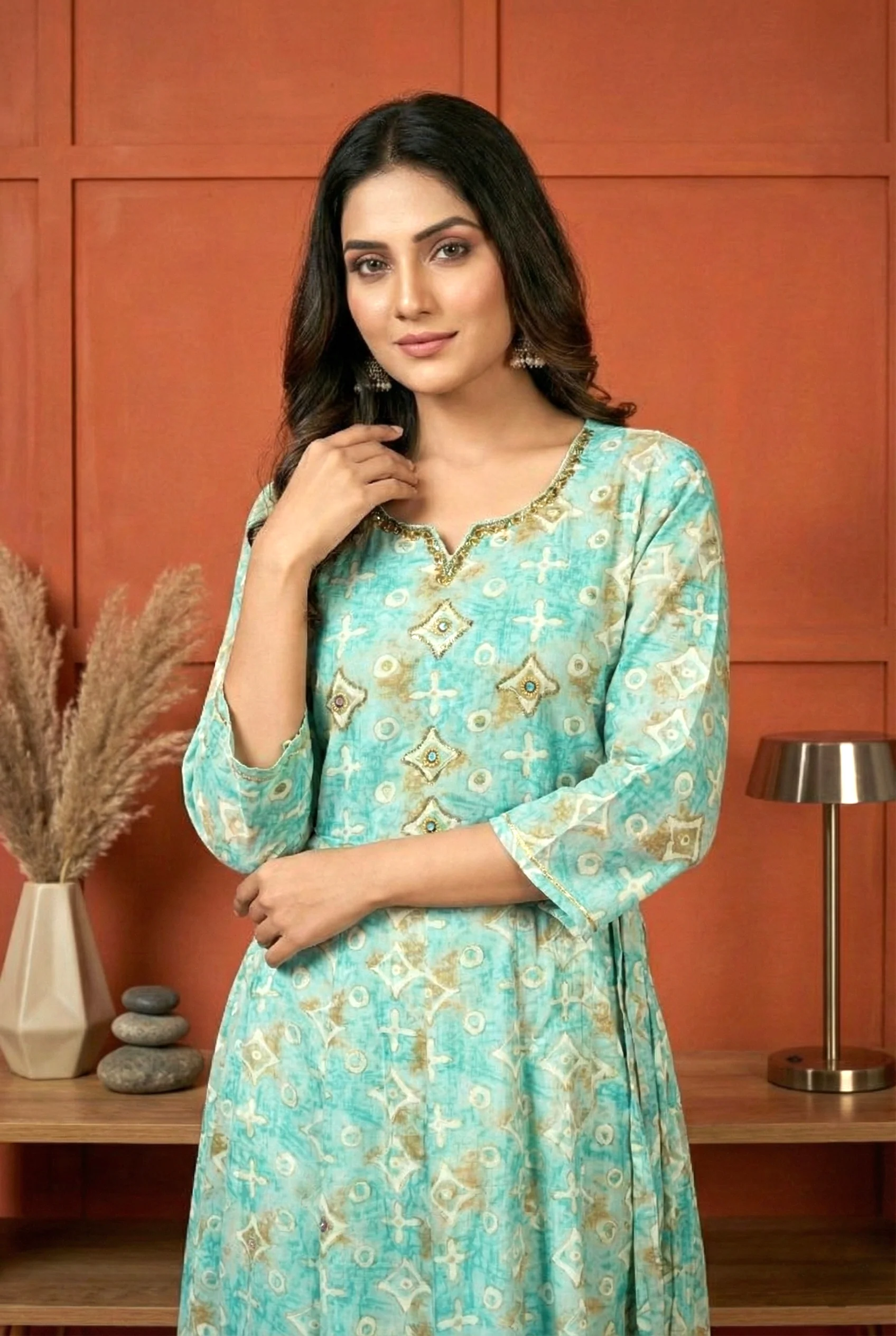 Sea Green Rayon Printed And Mirror Embroidery Dress - Image 3