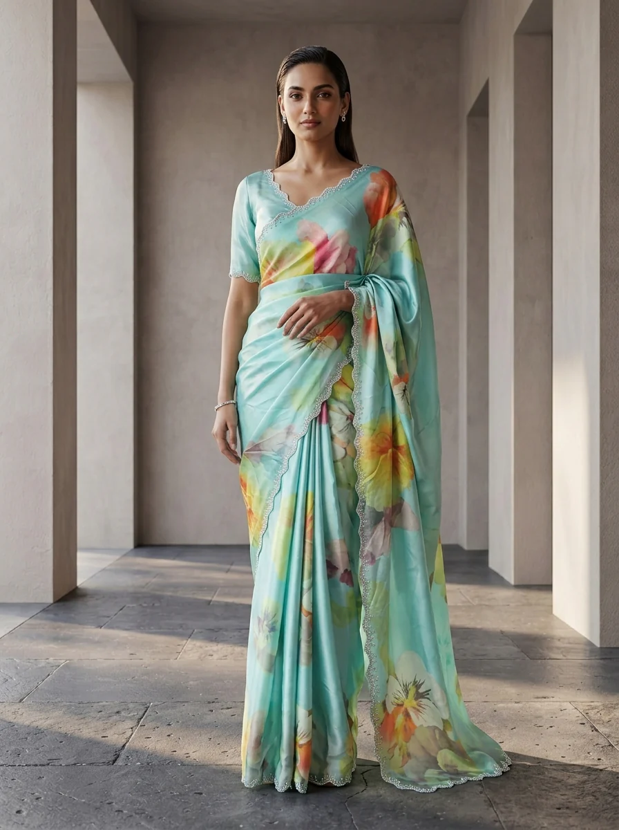 Sea Green Satin Floral Printed Saree - Image 2