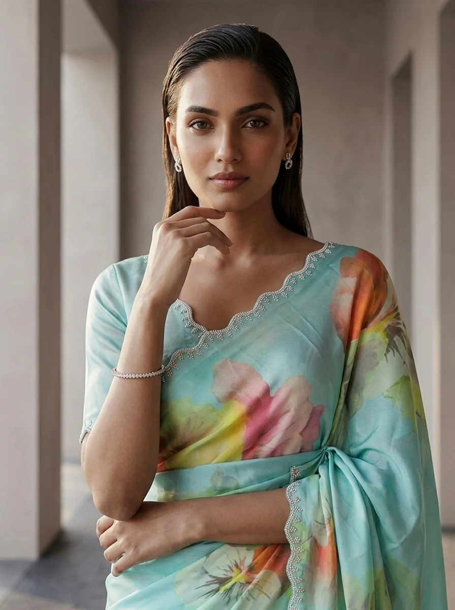 Sea Green Satin Floral Printed Saree - Image 3