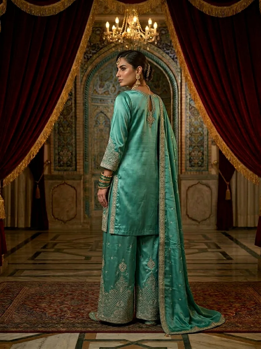 Sea Green Silk Embroidery Palazzo Set With Dupatta - Image 2