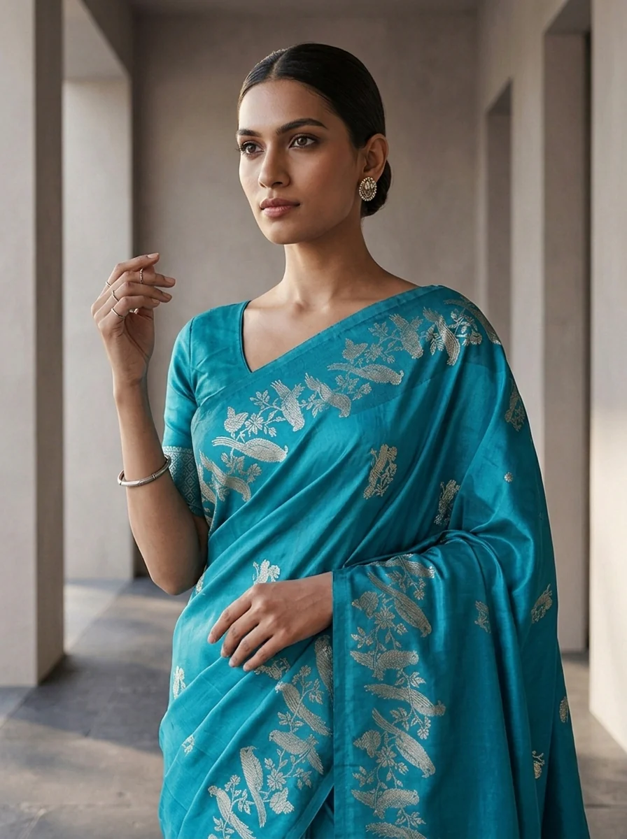 Sea Green Silk Kili Design Weaved Saree - Image 2