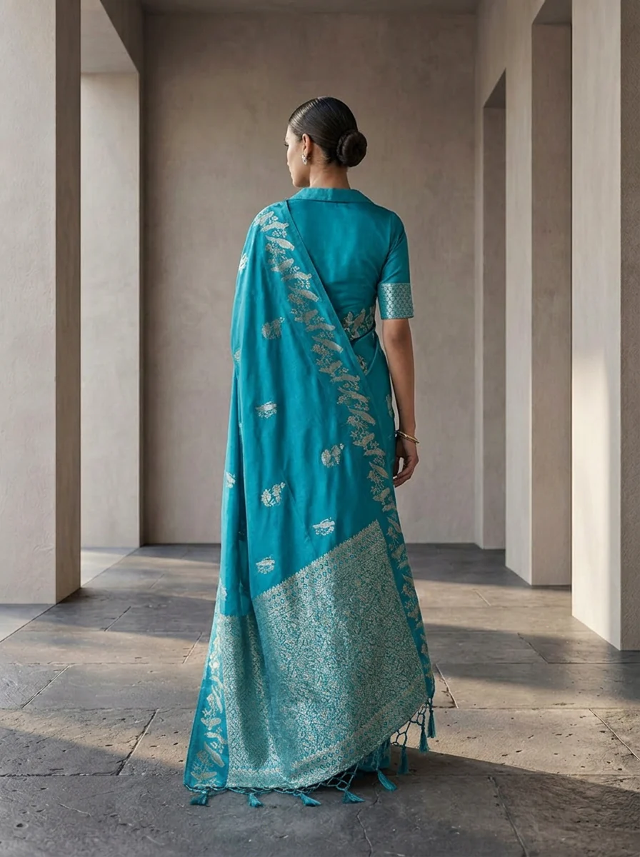 Sea Green Silk Kili Design Weaved Saree - Image 3