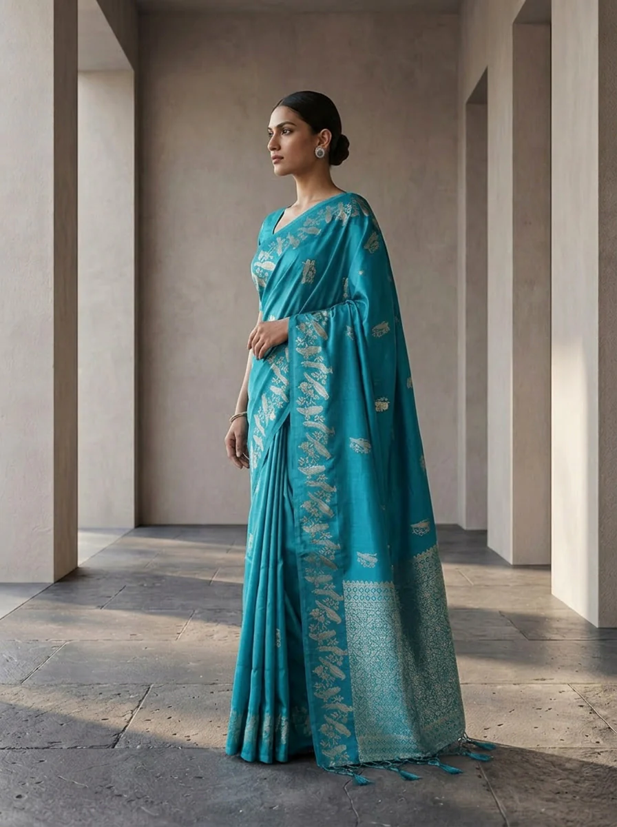 Sea Green Silk Kili Design Weaved Saree - Image 4